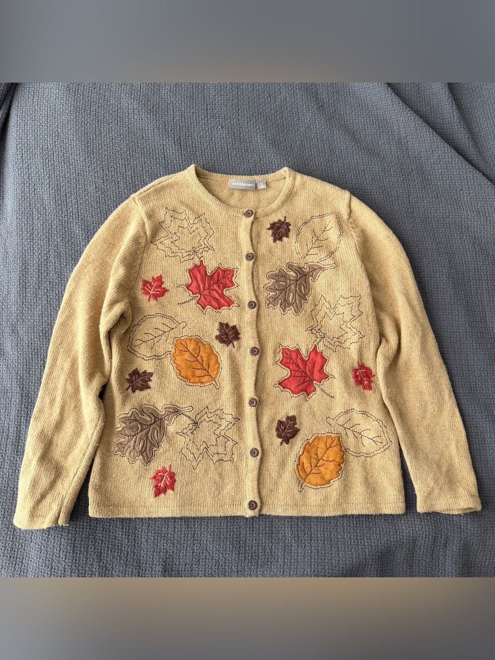 Vtg Croft & Barrow Embroidered Leaf Cardigan Tan M Cottage Autumn Granny 90s